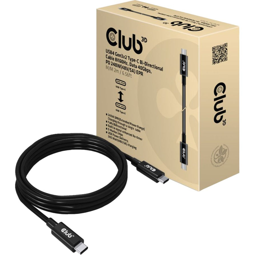 Club 3d usb4 gen 3x2 kabel (zwart, 2 meter, 240 w)
