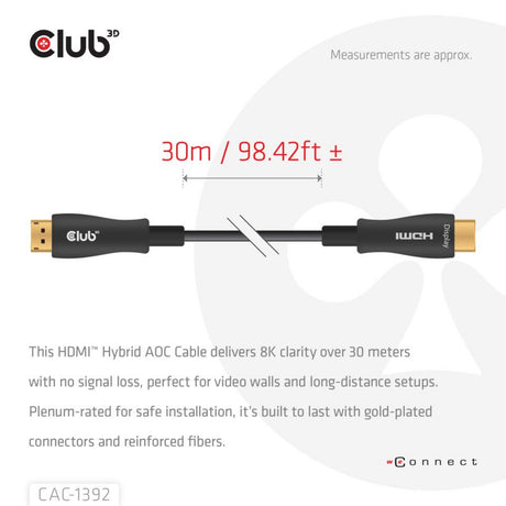 Club 3d hdmi hybride aoc kabel (zwart, 30 meter)