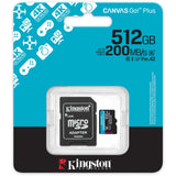 Kingston canvas go! plus microsdxc 512 gb geheugenkaart (zwart, incl. adapter, class 10, uhs-i u3, v30, a2)