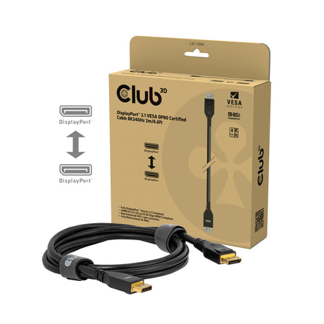 Club 3d gecertificeerde displayport 2.1 kabel (zwart, 2 meter, 10k)