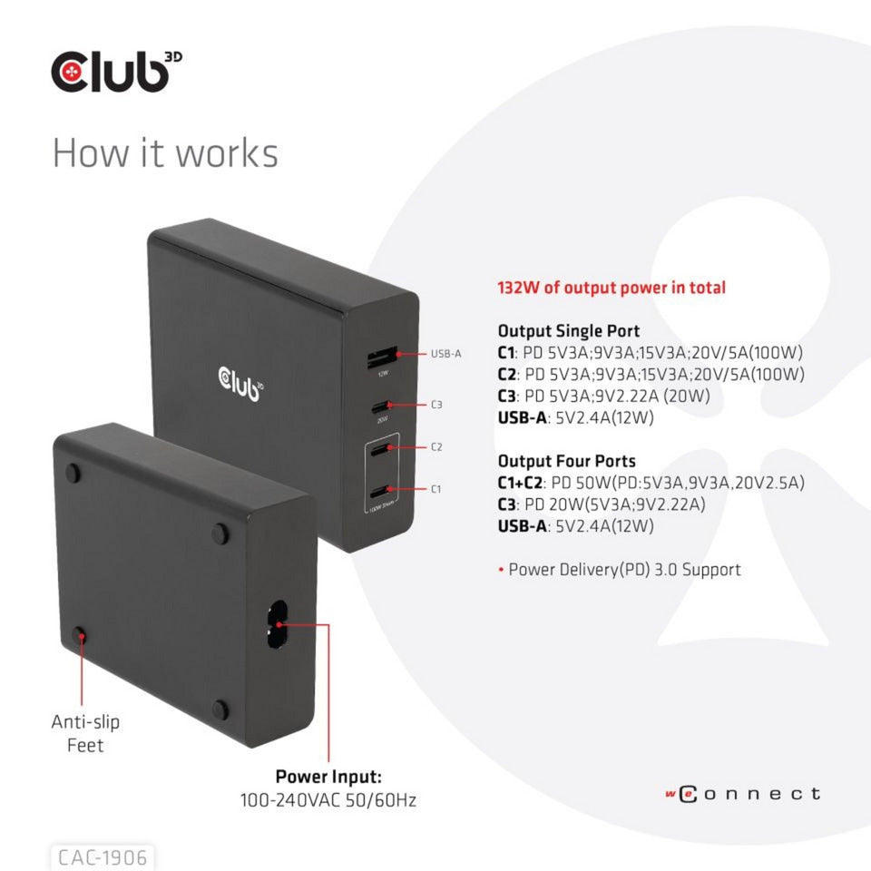 Club 3d travel charger 132w gan technology (zwart, usb-a, usb-c, power delivery (pd) 3.0)