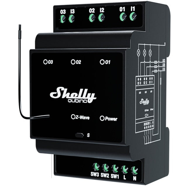 Shelly qubino wave pro 3 schakelaar (zwart, z-wave s800)