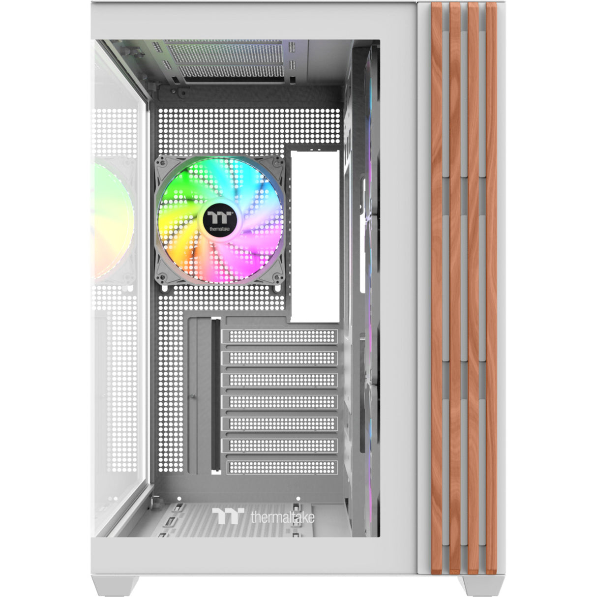 Thermaltake view 380 ws argb snow midi tower behuizing (wit houtkleur | 2x usb-a | 1x usb-c | rgb | tempered glass)