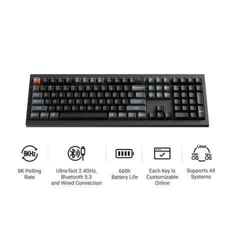 Keychron v6 ultra 8k wireless custom mechanical keyboard (zwart, us lay-out (qwerty), silk pom red, 100%, rgb, hot swap, 2.4 ghz | bluetooth 5.3 | usb-c)