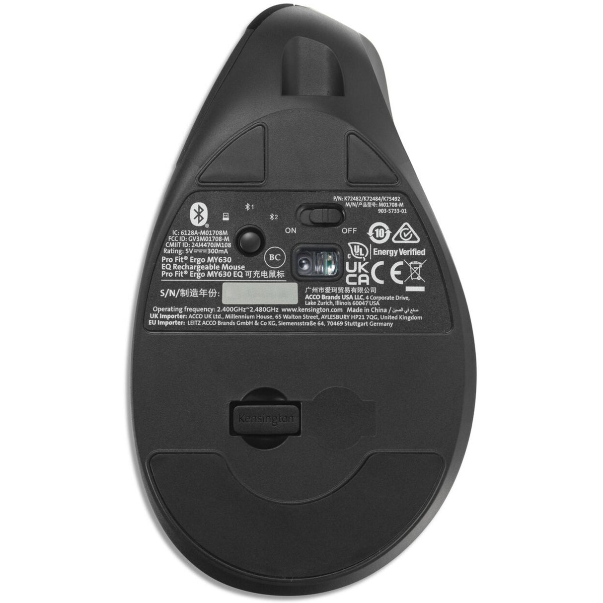 Kensington pro fit ergo my630 eq rechargeable mouse (zwart, 1000 - 2400 dpi, bluetooth, 2.4 ghz)