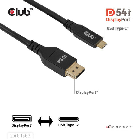 Club 3d usb-c naar displayport 2.1 kabel (zwart, 2 meter)