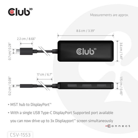 Club 3d usb-c naar 3x displayport hub (zwart)