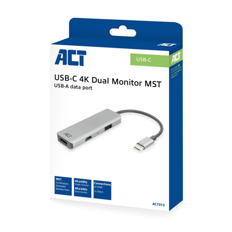 Act connectivity usb-c 4k multiport adapter voor 2 hdmi schermen, usb-a datapoort (aluminium)