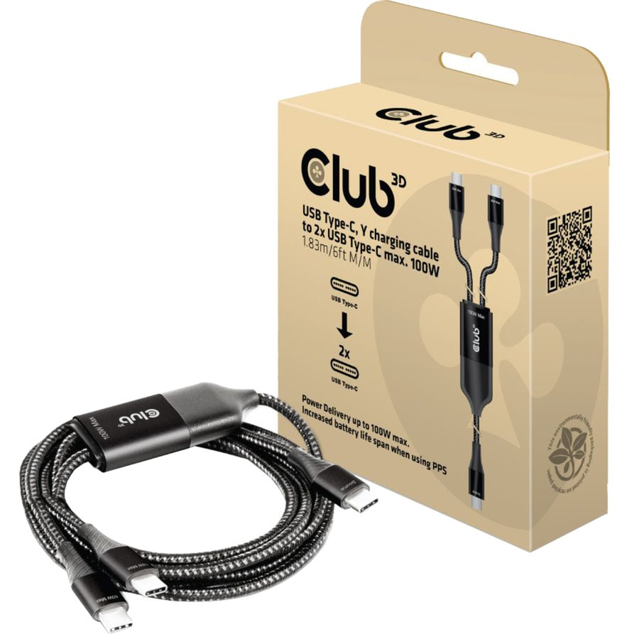 Club 3d usb-c naar 2x usb-c splitterkabel (zwart, 1,83 meter, max. 100 w)
