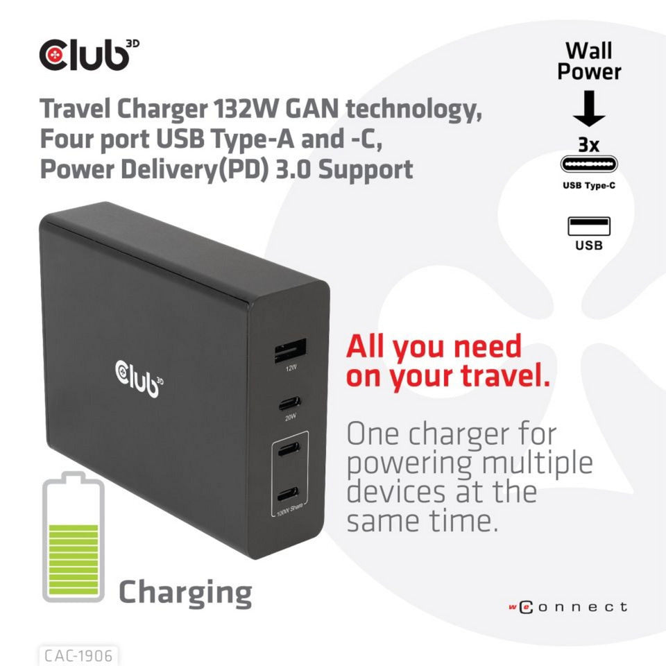 Club 3d travel charger 132w gan technology (zwart, usb-a, usb-c, power delivery (pd) 3.0)