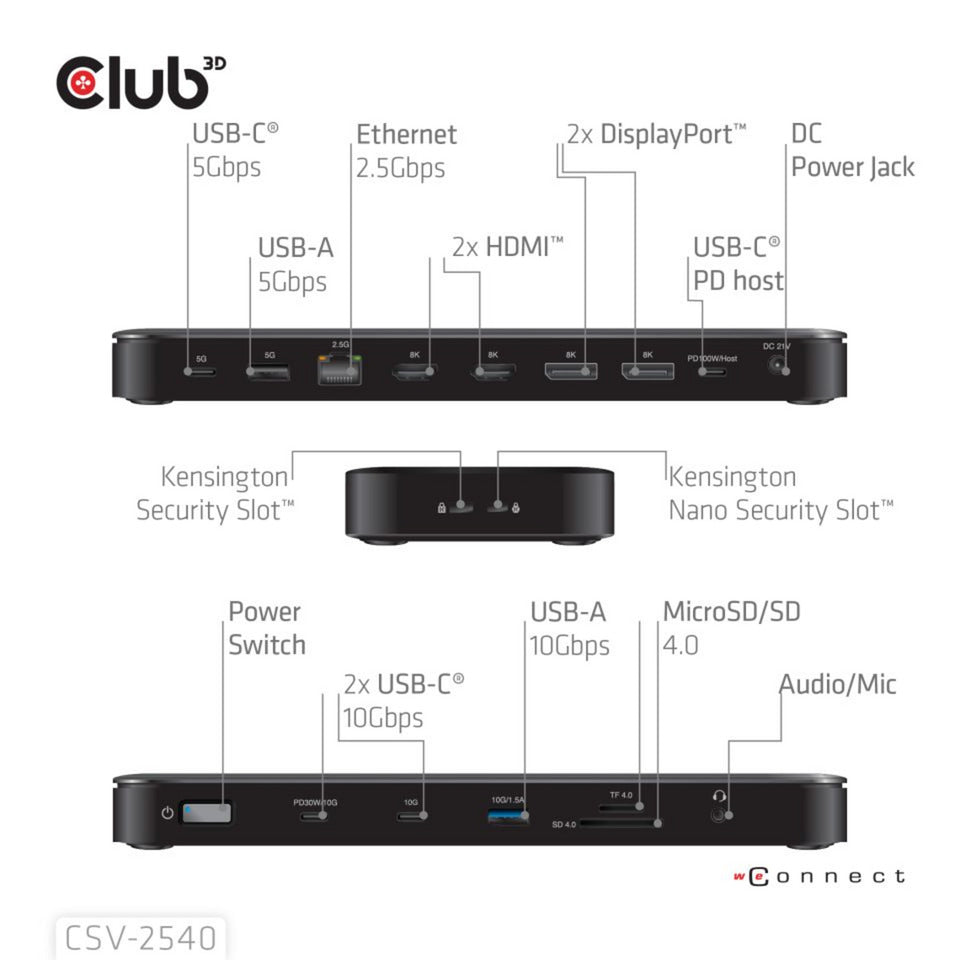Club 3d 14-1 usb-c quad display dockingstation (zwart)