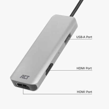 Act connectivity usb-c 4k multiport adapter voor 2 hdmi schermen, usb-a datapoort (aluminium)
