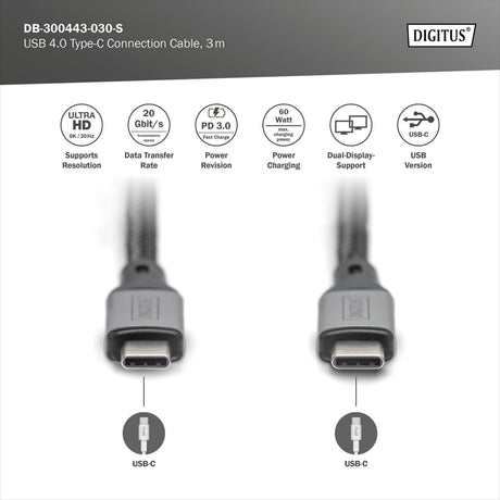 Digitus usb-c 4 gen2- usb-c-verbindingskabel (zwart grijs, 3 meter)