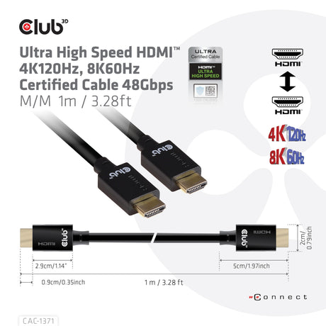 Club 3d ultra high speed hdm kabel (zwart, 1 meter, 4k 120hz, 8k 60hz, 48gbps)