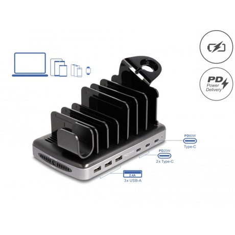 Delock 112w usb oplaadstation met 3x usb-c pd + 3x usb-a (grijs, 3x usb-c, 3x usb-a)