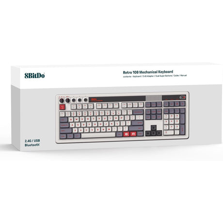 8bitdo retro mechanical keyboard n edition (grijs, us lay-out (qwerty), kailh box white, 100%, bluetooth low energy, wireless 2.4g, usb)
