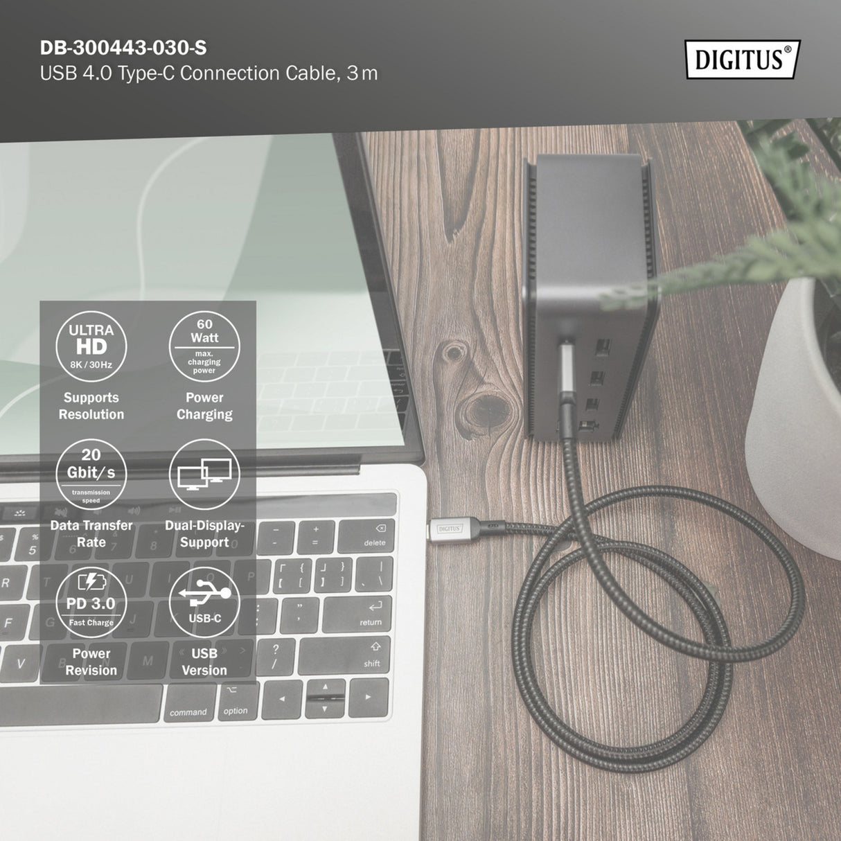 Digitus usb-c 4 gen2- usb-c-verbindingskabel (zwart grijs, 3 meter)
