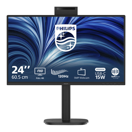 Philips 24b2n3200jh 00 23.8 monitor (zwart, vga, hdmi, displayport, usb-c, webcam, 120 hz)
