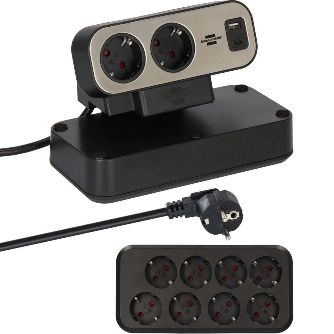 Brennenstuhl ®estilo duplex stekkerdoos met schakelaar en usb-c (stekkerblok met usb c power delivery voor snel opladen, 1x usb c en 1x usb a, 10x contactdozen, 2m kabel)