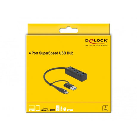 Delock 4-poorts usb 3.2 gen 1 hub met usb type-c of usb type-a aansluiting usb-hub (zwart)