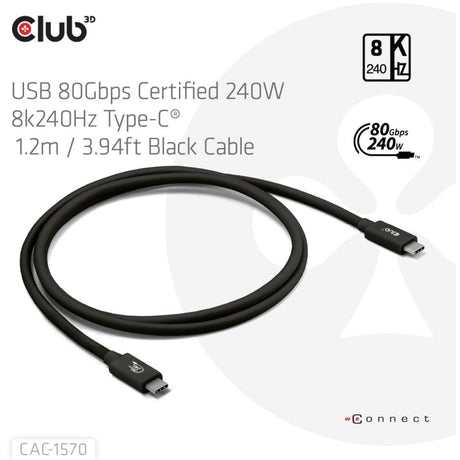 Club 3d usb-c 80gbps certified 240w 8k 240hz kabel (zwart, 1.2m)