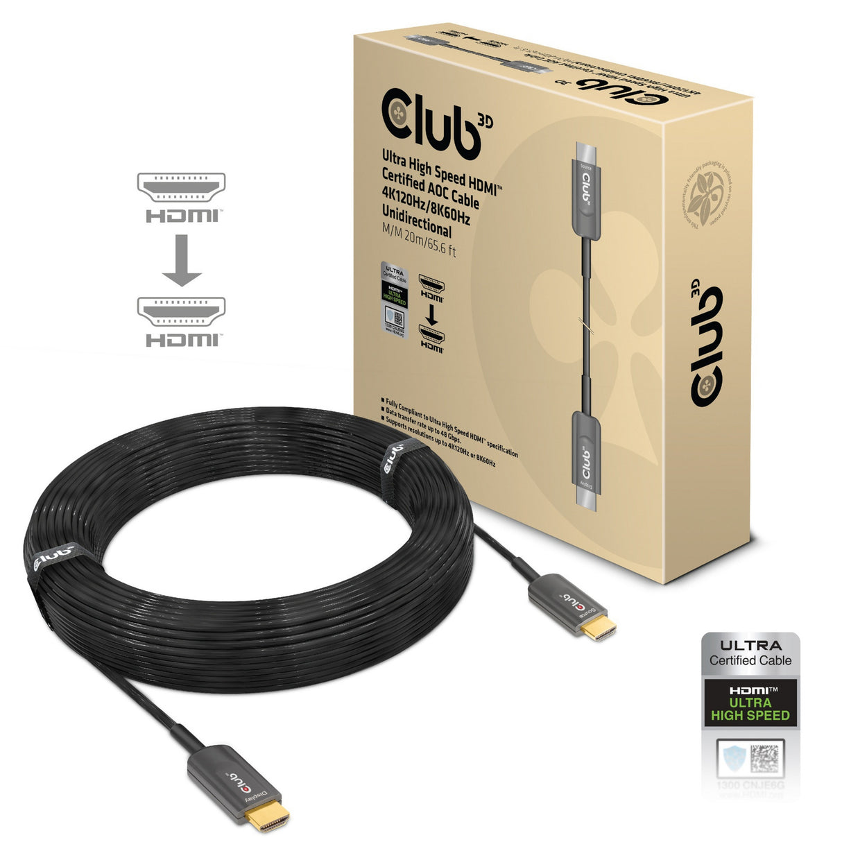 Club 3d gecertificeerde actieve optische ultra high speed hdmi 2.1 kabel (zwart, 20 meter, 8k)