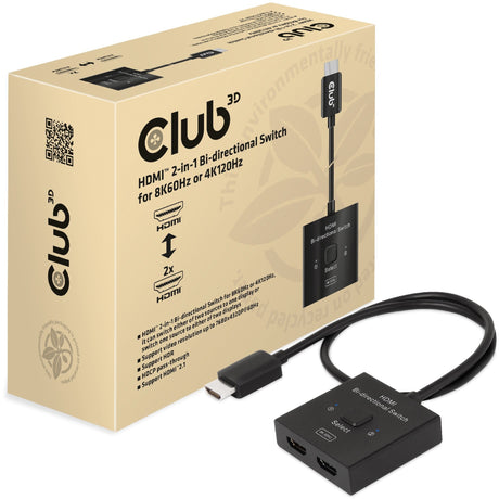 Club 3d hdmi switch 2-in-1 bi-directional for 8k60hz or 4k120hz (zwart, 0.5 meter)