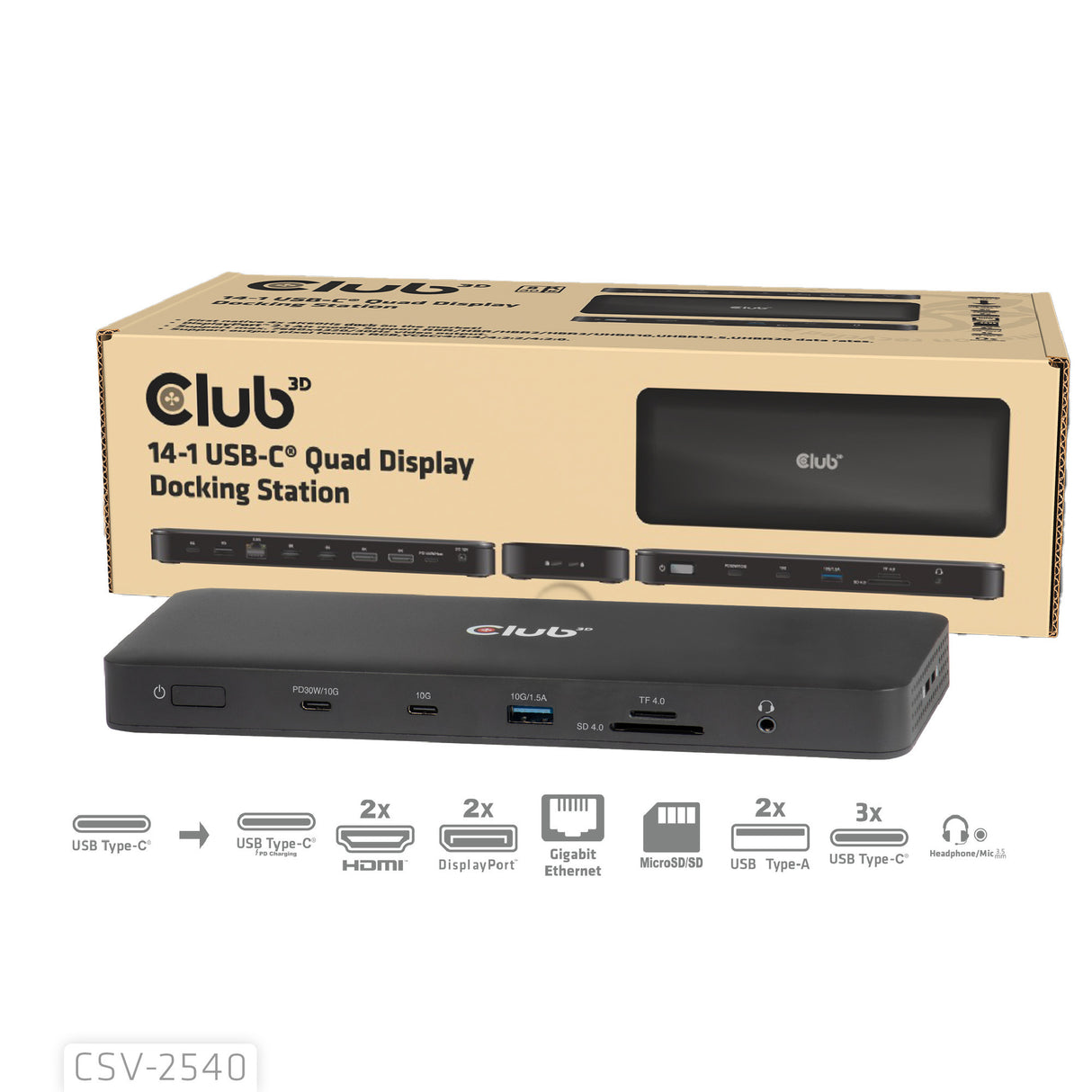Club 3d 14-1 usb-c quad display dockingstation (zwart)