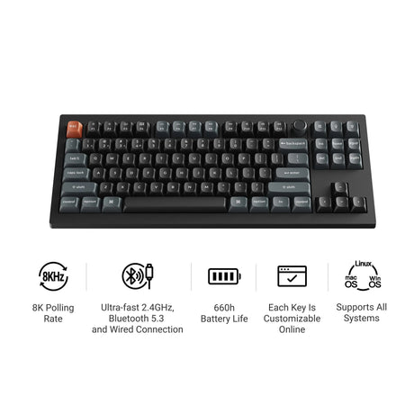 Keychron v3 ultra 8k wireless custom mechanical keyboard (zwart, us lay-out (qwerty), silk pom brown, 80% (tkl), rgb, hot swap, 2.4 ghz | bluetooth 5.3 | usb-c)