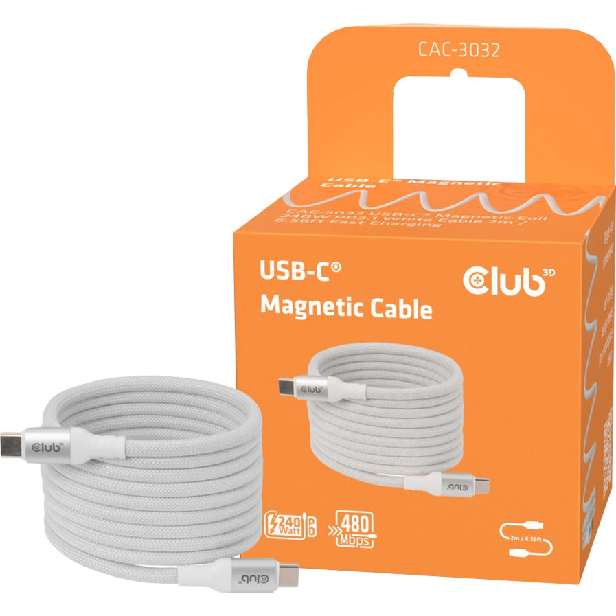 Club 3d magnetische usb‑c kabel (wit, 2 meter)