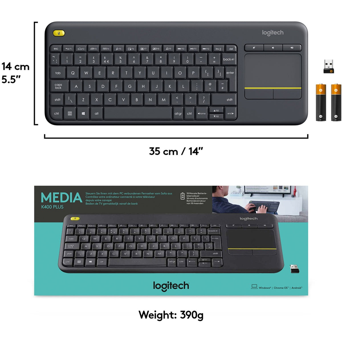 Logitech k400 plus toetsenbord (antraciet, eu lay-out (qwerty))