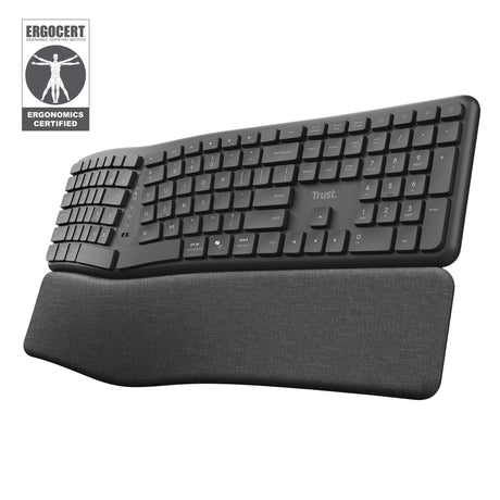Trust keyra ergonomisch draadloos toetsenbord (zwart, us lay-out (qwerty), 100%, 2.4 ghz usb | bluetooth)