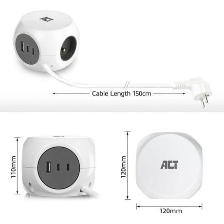 Act connectivity act stekkerdoos kubus met 3 stopcontacten, 30w power delivery usb-c a poorten, kabellengte 1,5m ac2425