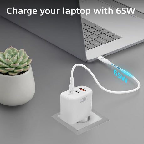 Act connectivity usb-c usb-a lader 65w 3-poorts met power delivery pps, quickcharge en ganfast (wit)