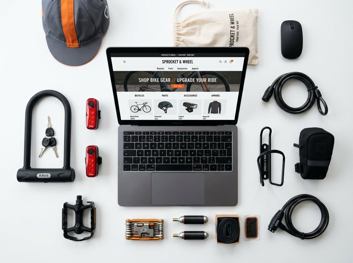 E-commerce concept met laptop en fietsaccessoires