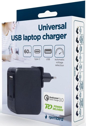 Enzo gembird usb-c snellader-laptopvoeding 60w usb + usb-c zwart - 9550195