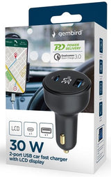Enzo gembird usb + usb-c autolader | 30w | zwart | status lcd - 9540114