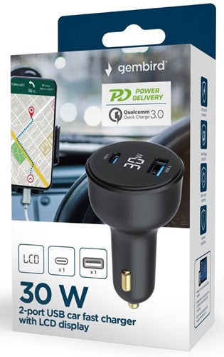 Enzo gembird usb + usb-c autolader | 30w | zwart | status lcd - 9540114