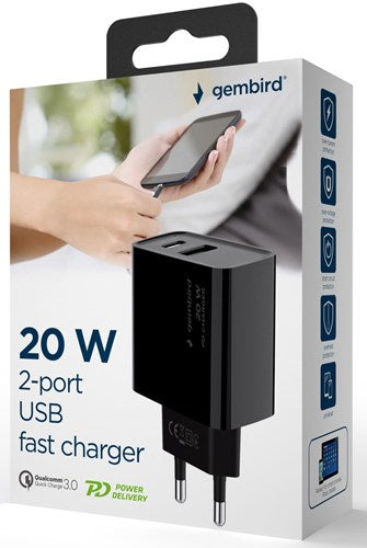 Enzo gembird usb + usb-c snellader 20w zwart - a9540150