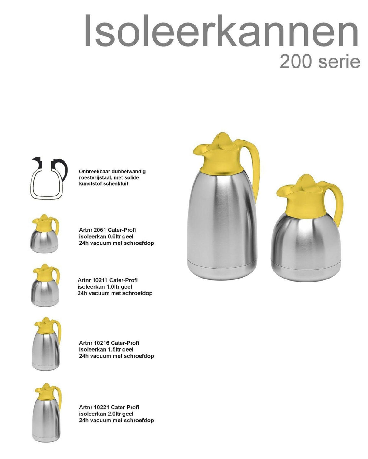 Cater-profi isoleerkan rvs 1,5l met gele schroefdop thermoskan thermosfles