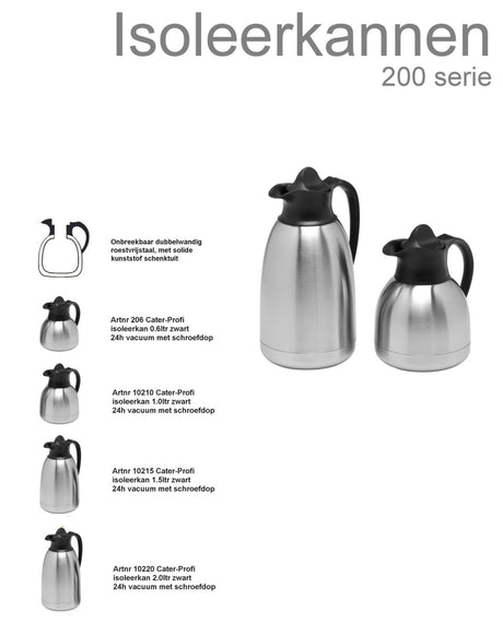 Cater-profi isoleerkan rvs 1,5l met zwarte schroefdop thermoskan thermosfles