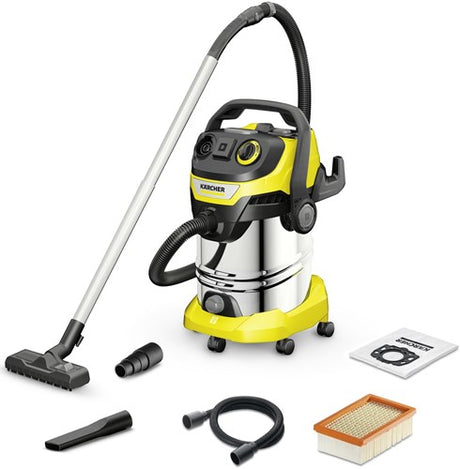 Karcher kärcher wd 6 p s v-30 6 22 t nat- en droogzuiger - 1300 w - 30 liter - geïntegreerd stopcontact - rvs zuigbuizen - rvs container - afvoerschroef - vlakfilter