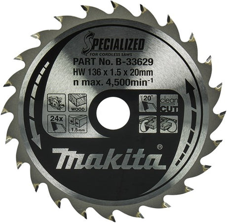 Makita accessoires makita cirkelzaagblad voor hout | specialized | ø 136mm asgat 20mm 24t - b-33629