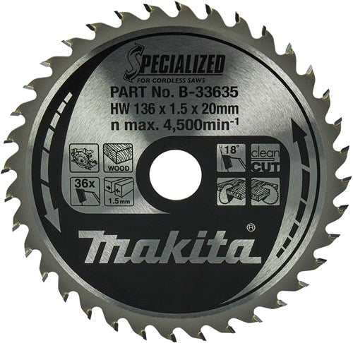 Makita accessoires makita cirkelzaagblad voor hout | specialized: accu | ø 136mm asgat 20mm 36t - b-33635