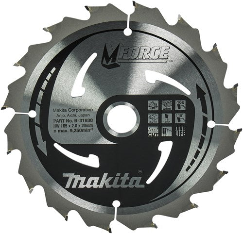 Makita accessoires makita cirkelzaagblad voor hout | mforce | ø165mm asgat 20mm 16t - b-31930