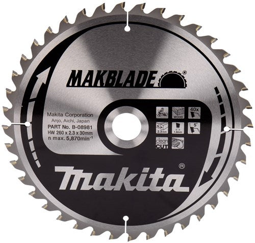 Makita accessoires makita afkortzaagblad voor hout | makblade | ø 260mm asgat 30mm 40t - b-32770