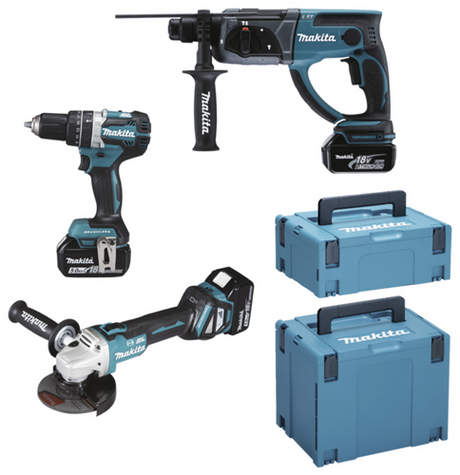 Makita dlx3093tj 18v lxt 3 delige set: dga513 haakse slijper + dhp484 (klop)boormachine + dhr202 boorhamer met 3 x 5.0ah accu's - dlx3093tj
