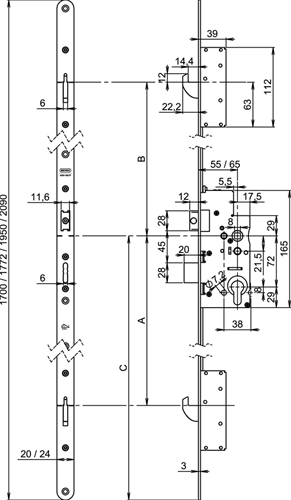 Nemef 5040 veiligheidsmeerpuntssluiting | cilinderbediend | skg*** | dm65mm | pc72mm | voorplaat staal verzinkt 20x1772mm afgerond| dr 1+3 2+4 - a000308701