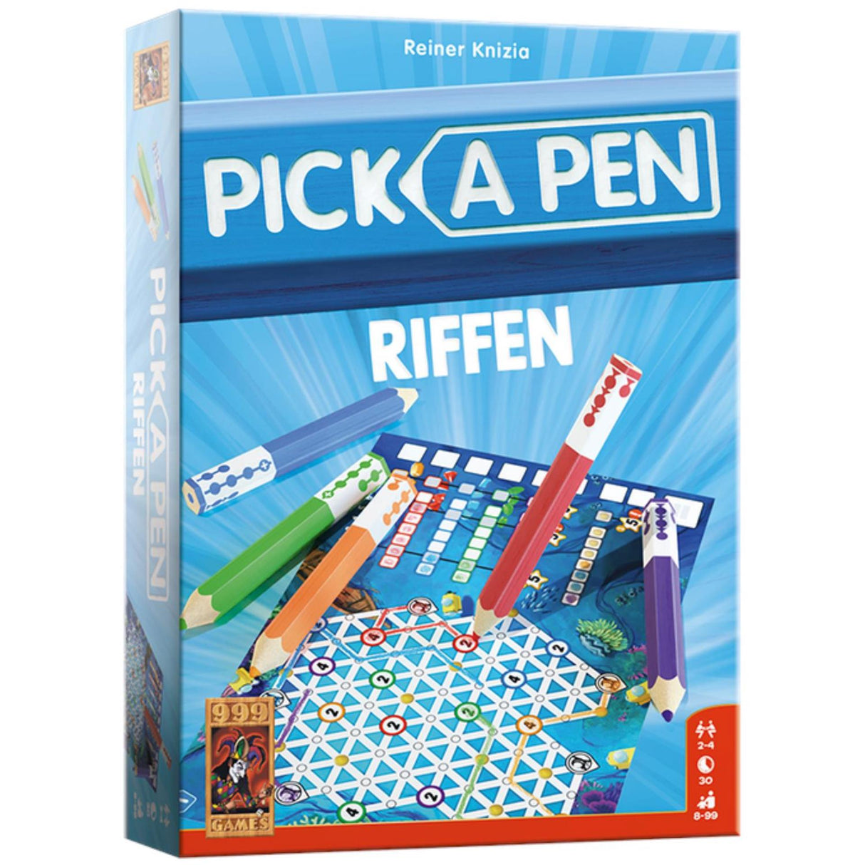 999games 999 games - pick a pen - riffen - dobbelspel - dobbelen met potloden - scorevellen van 3 verschillende niveaus - gezelschapsspel - familiespel - klein cadeautje - bevat spelregels in nl en en