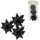 House of seasons kunstbloem op clip kerstster glitter zwart 9 cm set van 3 | 24 stuks